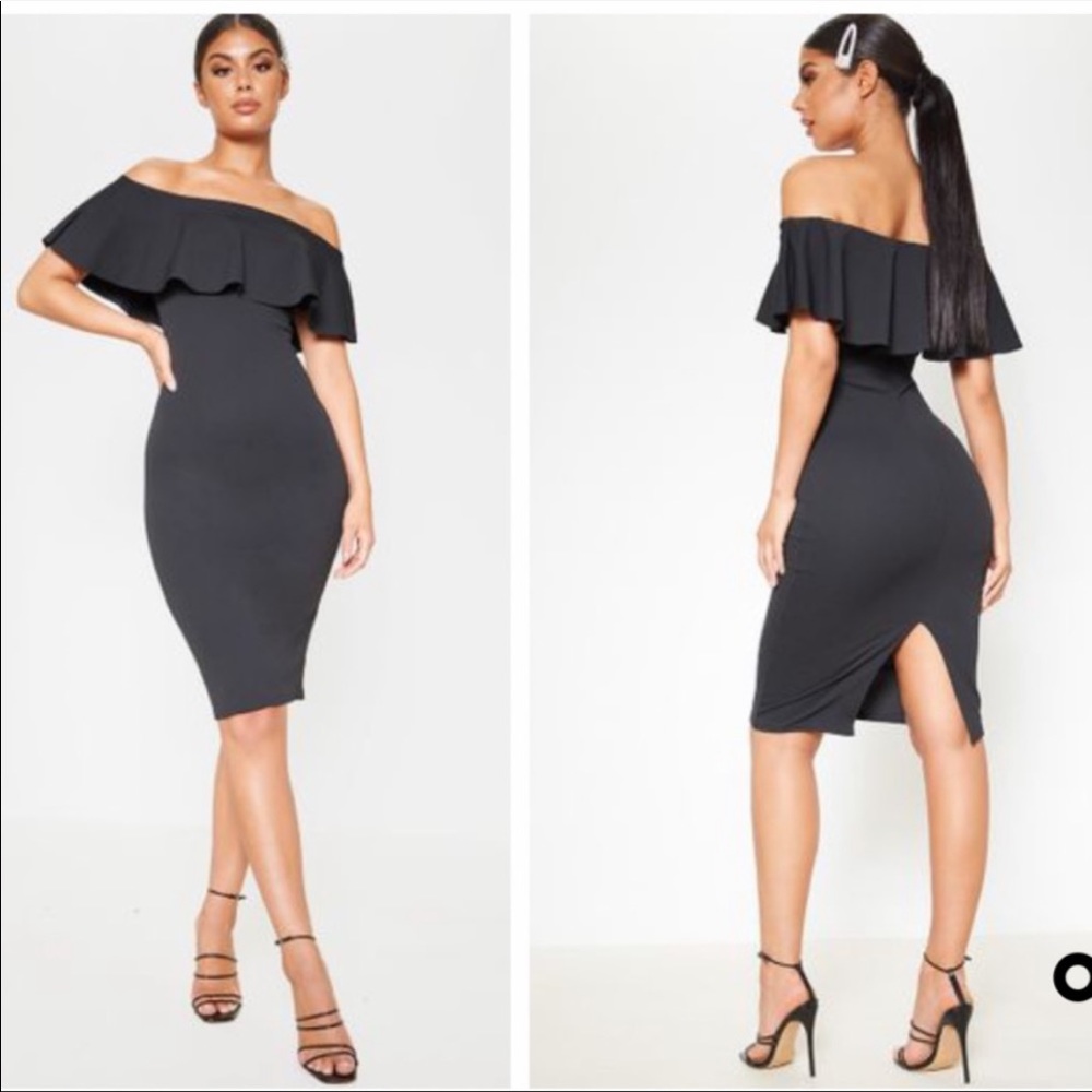 Pretty little thing black frill off shoulder dress